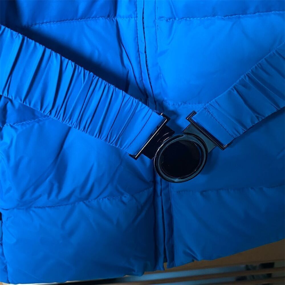 Women's Large Blue Puffers Jacket with Belt Hooded Winter Casual - Picture 5 of 6